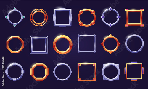 Avatars frames set. Gold silver frame, round square metal game assets. User interface elements for app or game, decorative nowaday vector kit