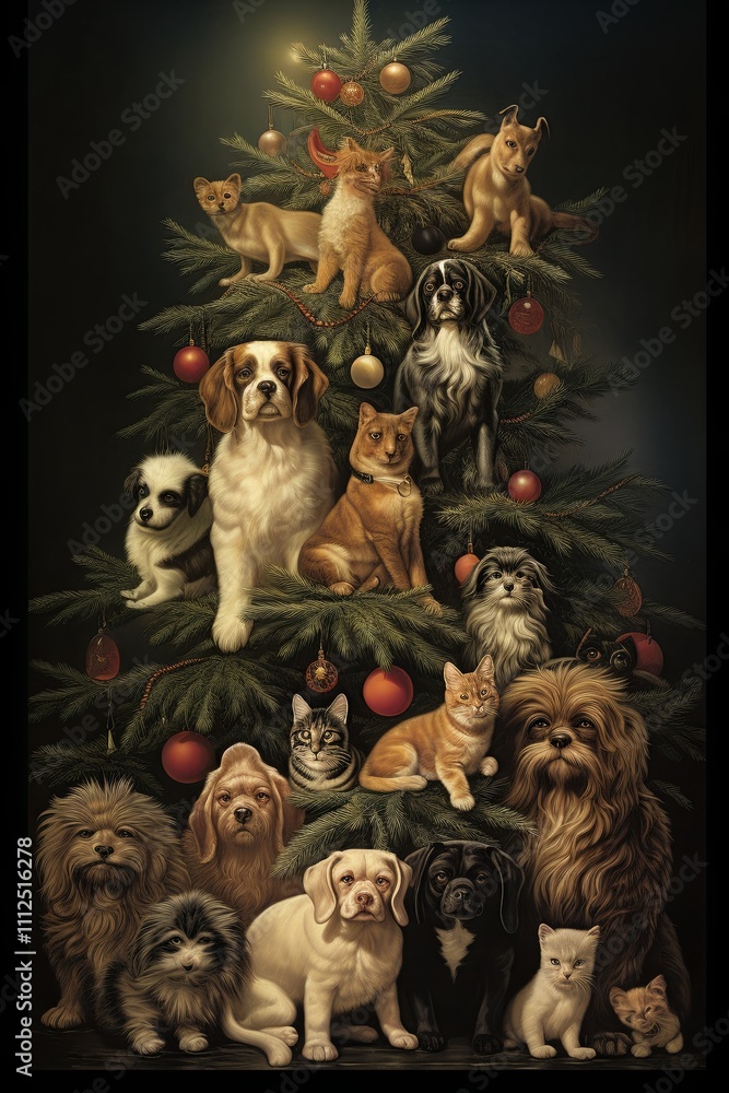Fototapeta premium Christmas postcard with lots of dogs, cats and christmas tree decorated with intention. A variety of dogs and cats are creatively arranged to form a Christmas tree, adorned with holiday ornaments and