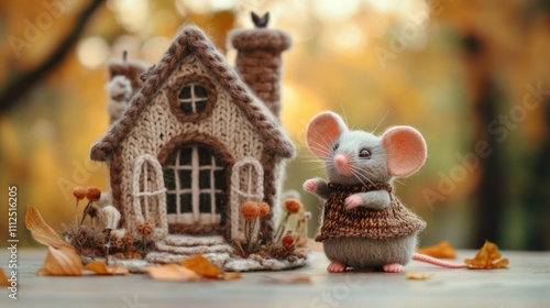 A small toy mouse sitting next to a cozy knitted house, perfect for use in illustrations or designs