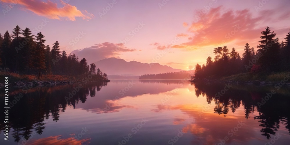 Obraz premium A serene lake reflecting the vibrant hues of a sunset, with warm orange and pink tones gradating into deep blues in the distance , pink, serenity