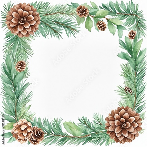 Watercolor christmas frame with fir branches, pine cone, cotton, leaves isolated on white background. Botanical winter greenery holiday illustration for wedding invitation card design
