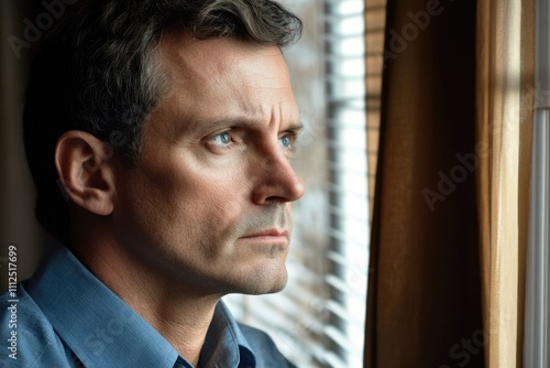 A person gazing out of a window, possibly contemplating or observing something