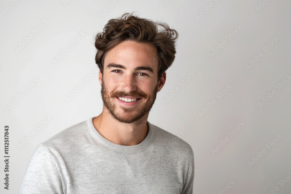 Portrait of a glad man in his 20s showing off a thermal merino wool top over white background Portrait of a glad man in his 20s showing off a thermal merino wool top over white background