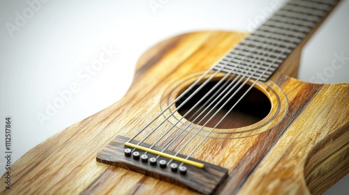 A close-up view of a wooden guitar with strings, ideal for music or instrument-related concepts