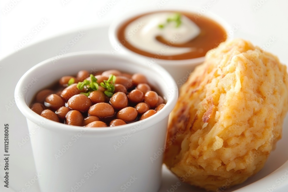 A simple yet nutritious meal on a white plate featuring beans and a pastry A simple yet nutritious meal on a white plate featuring beans and a pastry