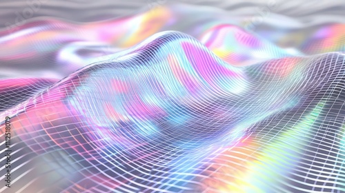 Pixelated holographic grid with shifting pastel colors, moving like fluid light waves over a metallic silver background, creating an ethereal digital effect photo