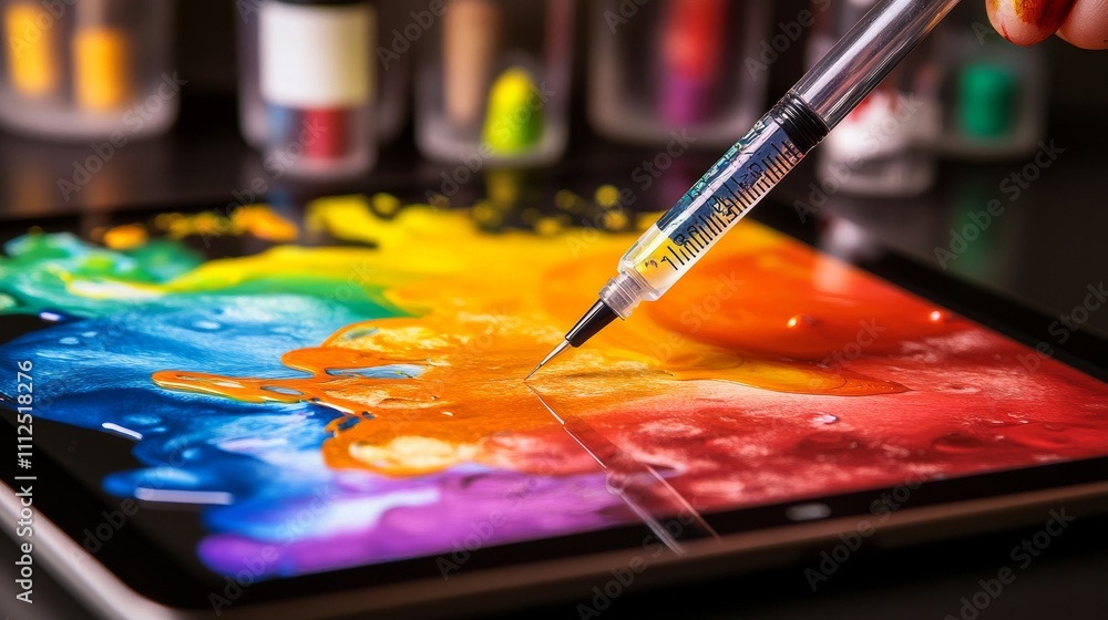 Fototapeta premium Digital art tools: a tablet with pen, pipette, and brush, symbolizing modern design.