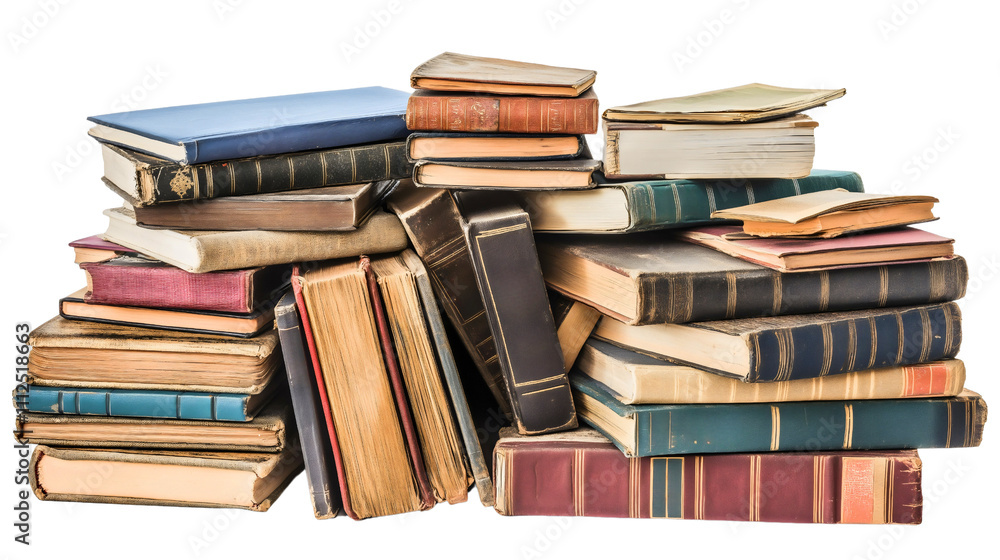 Obraz premium Stack of hardcover books isolated education collection, university textbook pile with knowledge, academic literature heap for study and learning