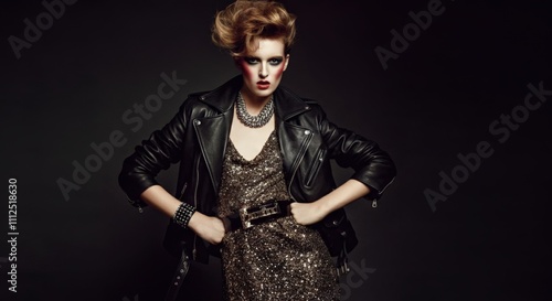 Glam Rock Fashion Model in Leather Jacket and Sequined Dress