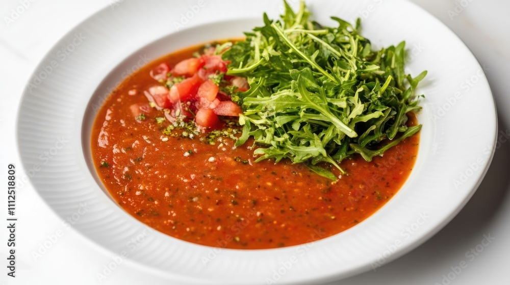 A warm and comforting bowl of tomato soup served on a white plate, perfect for a cozy evening meal or as a snack A warm and comforting bowl of tomato soup served on a white plate, perfect for a cozy evening meal or as a snack