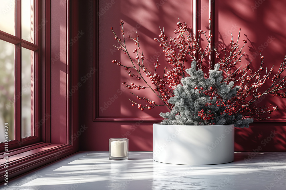 Fototapeta premium A white vase with a candle and a red and white plant in it