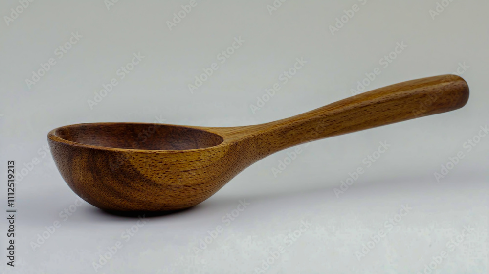 Side view of a small wooden spoon with a rounded bowl and long handle, natural wood finish Side view of a small wooden spoon with a rounded bowl and long handle, natural wood finish