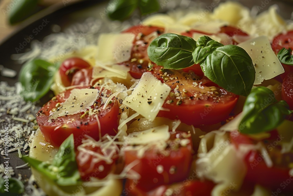 A detailed view of a delicious-looking plate with sliced tomatoes and melted cheese, ideal for use in recipes, cooking tutorials or food blogs A detailed view of a delicious-looking plate with sliced tomatoes and melted cheese, ideal for use in recipes, cooking tutorials or food blogs