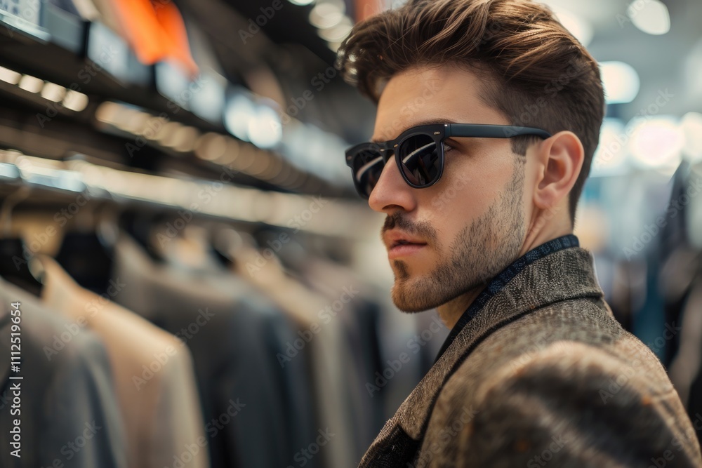 A man standing in front of a rack of suits, wearing sunglasses A man standing in front of a rack of suits, wearing sunglasses