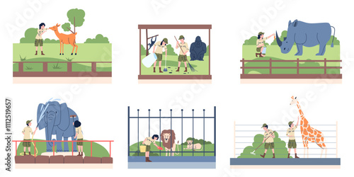 Zoologist characters. Zoologists working with animals, zoo workers feeding, cleaning, washing lion elephant giraffe. Natura researches, recent vector scenes