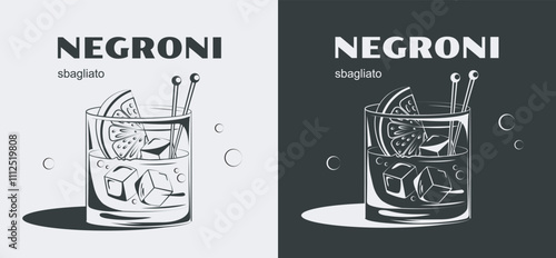 Negroni cocktail posters set. Alcoholic drinks and beverages in glasses. Hot weather and summer season. Tropical and exotic drink with citrus. Cover or banner. Flat vector collection