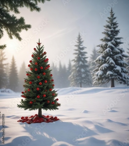 Wallpaper Mural A small red and green Christmas tree in a winter scene, serene landscape, peaceful atmosphere Torontodigital.ca