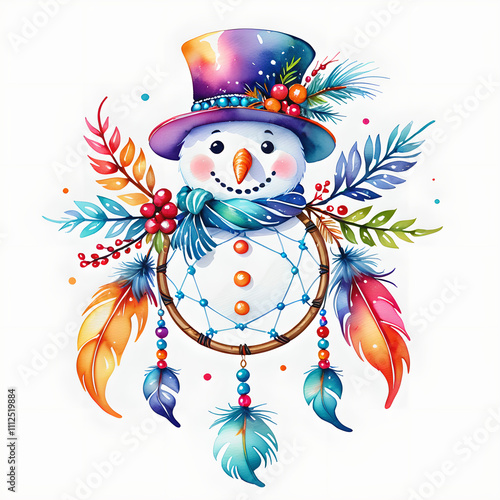 Dreamcatcher Snowman: Delicate Beadwork & Vibrant Colors in Watercolor Clip Art, Vector Image on Flat White Background photo