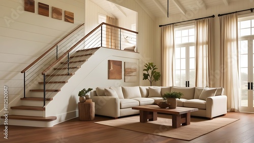 Farmhouse home interior design of modern living room with wooden staircase.