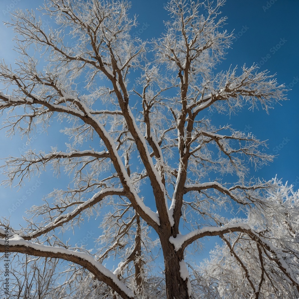 A tree with snow-covered branches under a clear blue sky. A tree with snow-covered branches under a clear blue sky.