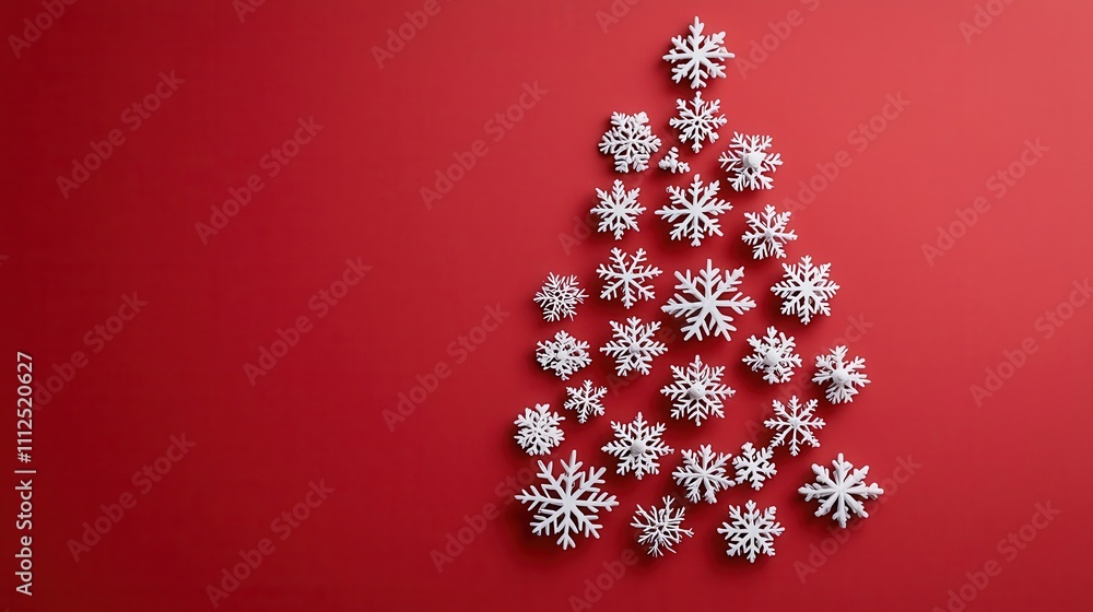 Acrylic concept art of snowflakes forming a Christmas tree against a vibrant red background Acrylic concept art of snowflakes forming a Christmas tree against a vibrant red background