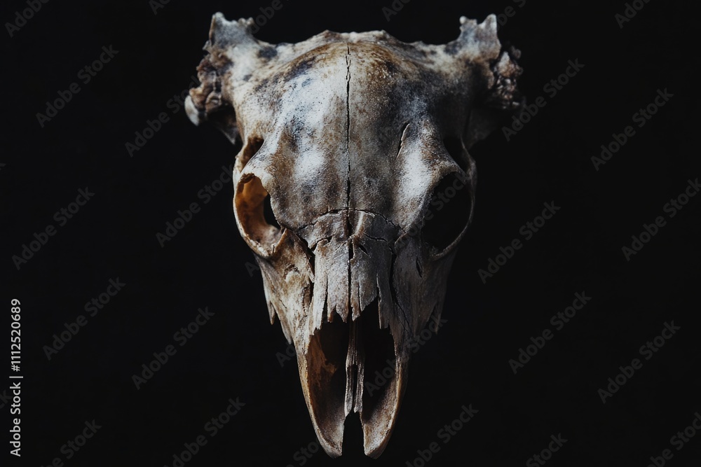 Close-up shot of a skull against a dark, black background Close-up shot of a skull against a dark, black background