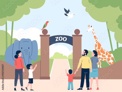 Zoo entrance. Parents with children go to animal park. Visitors on excursion, weekend recreation outdoor. Family time on nature, recent vector flat scene