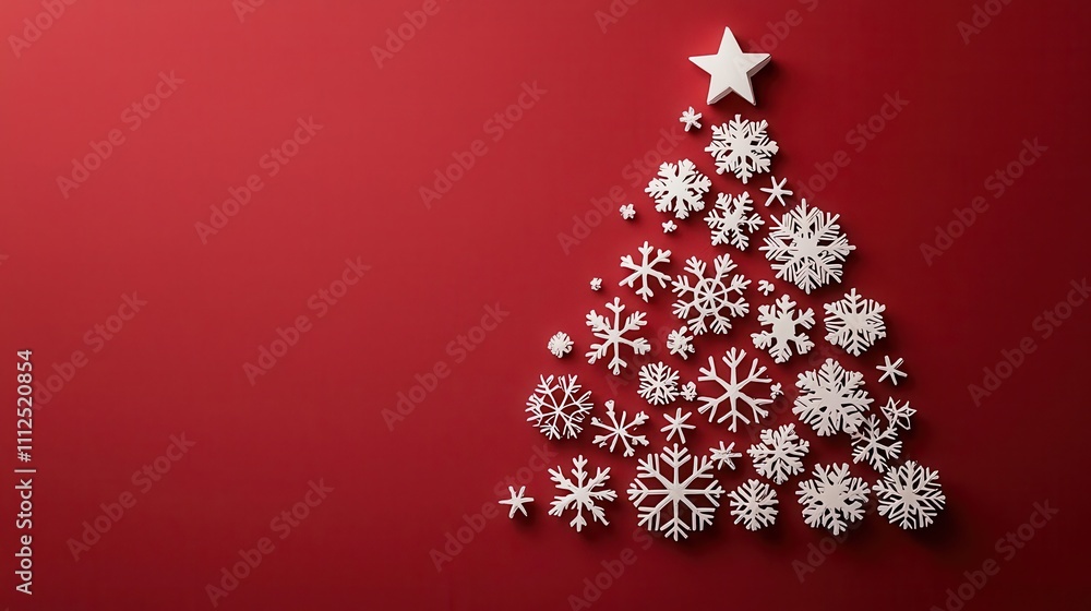 Acrylic concept art of snowflakes forming a Christmas tree against a vibrant red background Acrylic concept art of snowflakes forming a Christmas tree against a vibrant red background