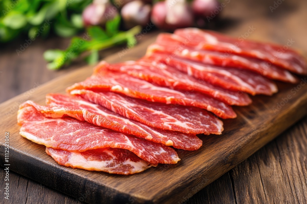 Fresh meat slices arranged on a wooden cutting board, ideal for cookbooks and food-related content Fresh meat slices arranged on a wooden cutting board, ideal for cookbooks and food-related content