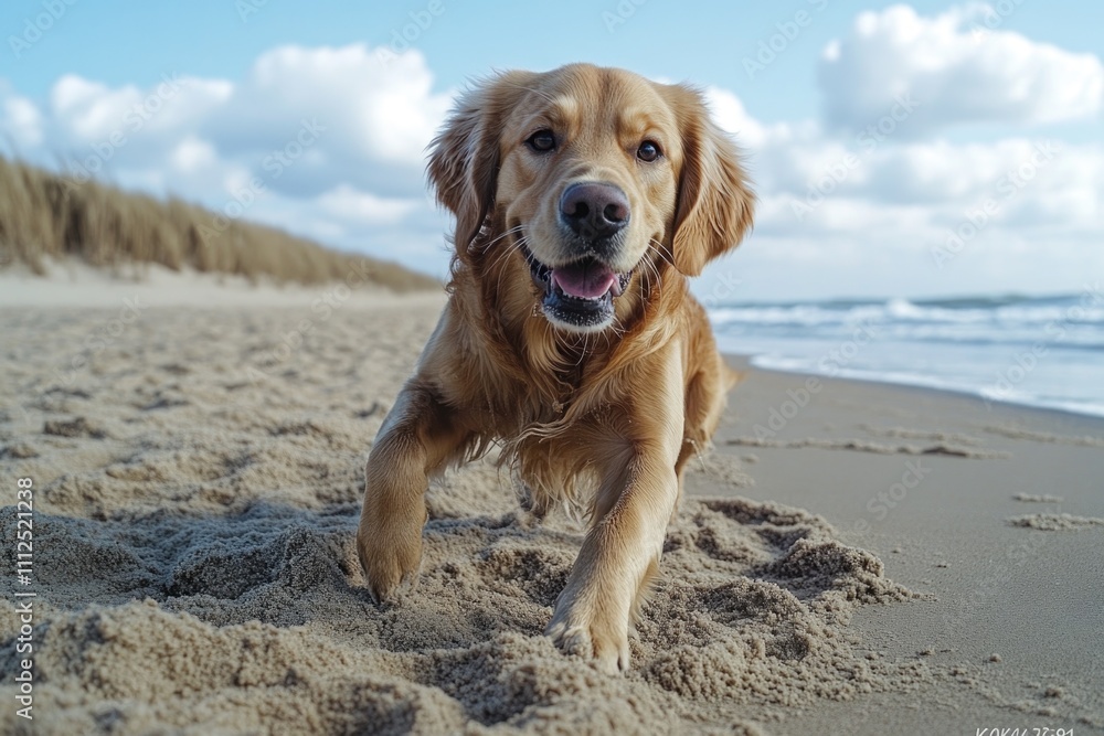 A happy golden retriever runs freely on a sunny sandy beach A happy golden retriever runs freely on a sunny sandy beach