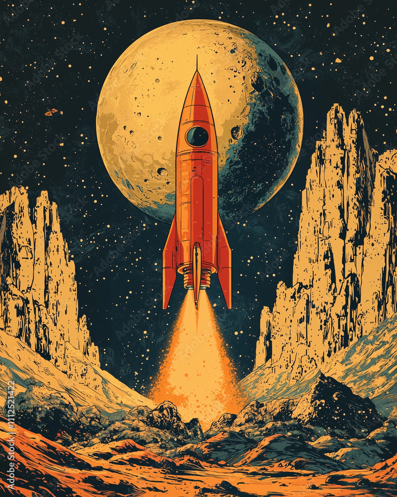 Naklejka premium vintage orange rocket launches towards a moon, surrounded by a stark mountainous alien landscape