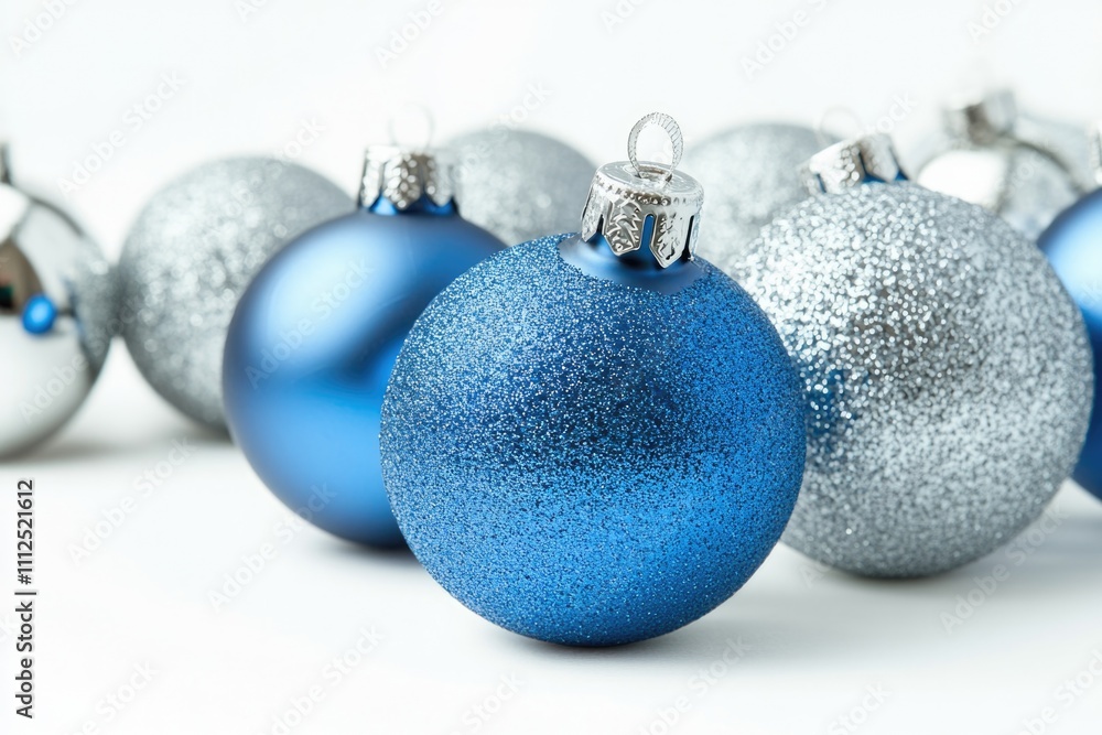 A row of blue and silver Christmas ornaments on a table or shelf A row of blue and silver Christmas ornaments on a table or shelf