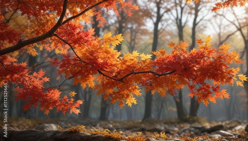 A sprawling branch covered with orange and red maple leaves, deciduous tree, autumn leaves, colorful foliage