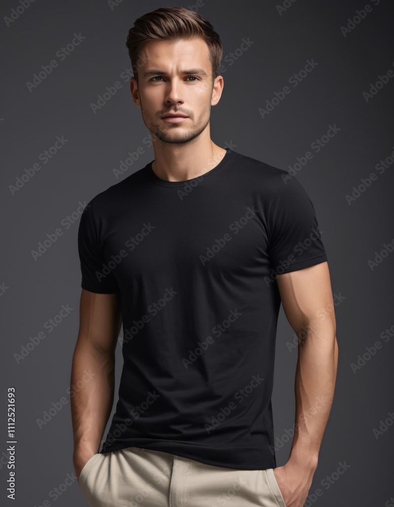 Man in Black T-Shirt Standing Neutral Pose Minimalist Background Man in Black T-Shirt Standing Neutral Pose Minimalist Background