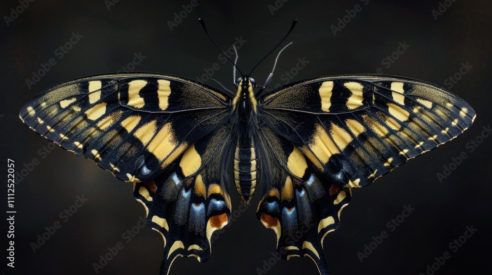 A close-up of a black and yellow butterfly on a black background A close-up of a black and yellow butterfly on a black background