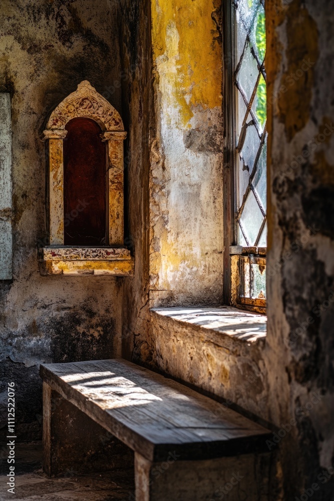 A stone bench sits in front of a window with an unknown view A stone bench sits in front of a window with an unknown view