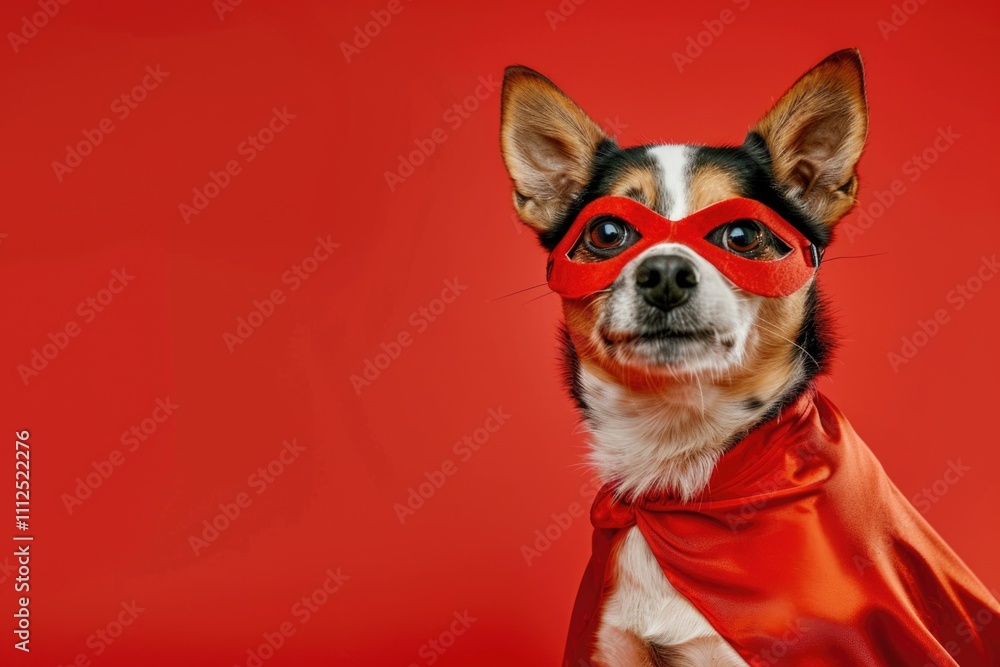 A playful dog dressed as a superhero with a bright red cape and matching mask A playful dog dressed as a superhero with a bright red cape and matching mask