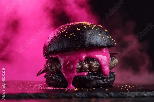 A black hamburger with pink sauce on a black plate. photo