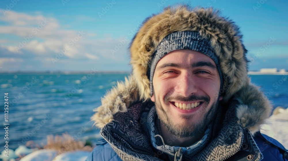 A man wearing a unique fur hat and blue jacket, suitable for winter or outdoor activities A man wearing a unique fur hat and blue jacket, suitable for winter or outdoor activities