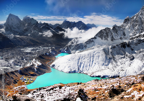 Obraz na płótnie Himalaya mountains and  glacial lake in autumn,  view from summit