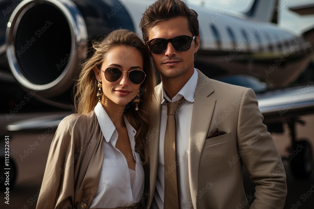 Corporate power couple in shades strike a pose next to their private jet, exuding confidence and unity Corporate power couple in shades strike a pose next to their private jet, exuding confidence and unity