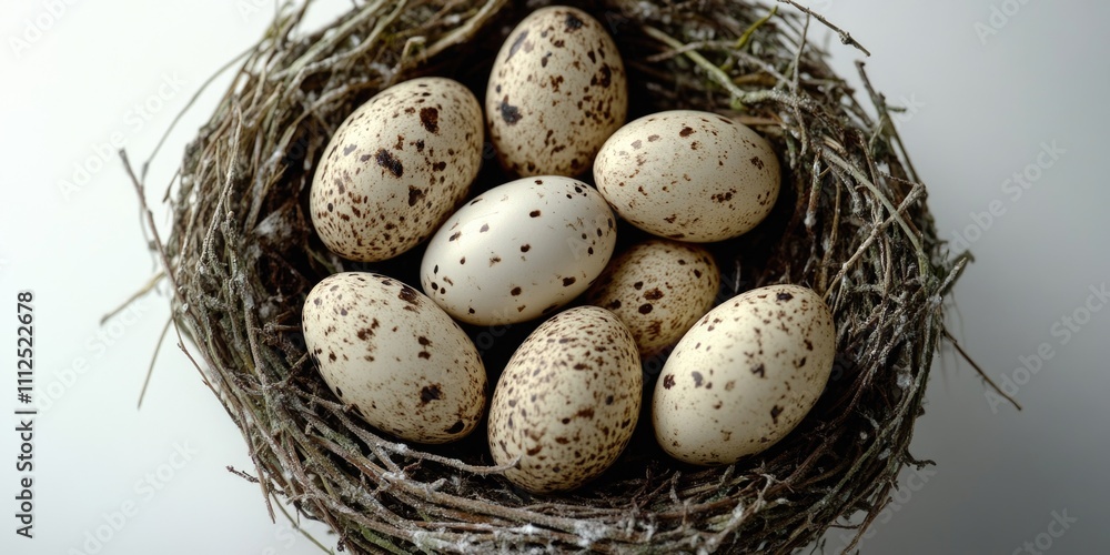 A bird's nest containing eggs situated on a table, perfect for use in scenes related to nature or home decor A bird's nest containing eggs situated on a table, perfect for use in scenes related to nature or home decor