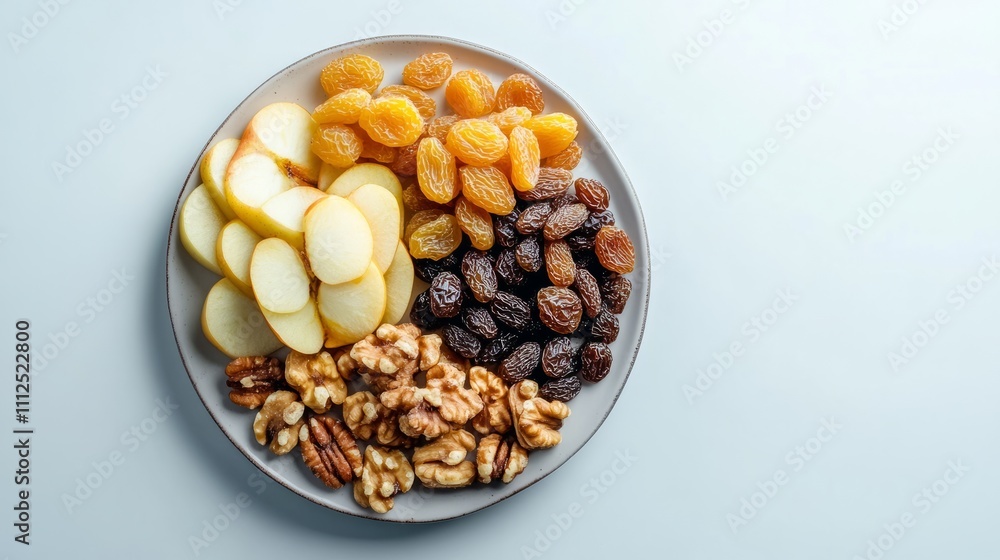 A colorful and nutritious snack platter showcases fresh apple slices, dried apricots, raisins, walnuts, and pecans. This arrangement offers a perfect balance of flavors and textures A colorful and nutritious snack platter showcases fresh apple slices, dried apricots, raisins, walnuts, and pecans. This arrangement offers a perfect balance of flavors and textures