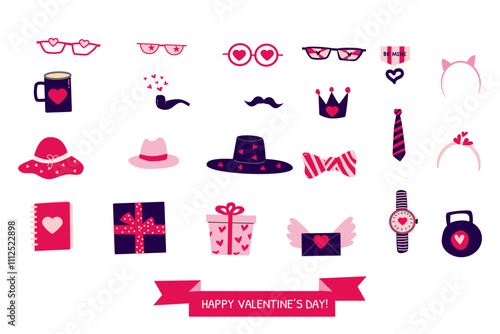 Valentine's day icons and accessories collection with hearts.