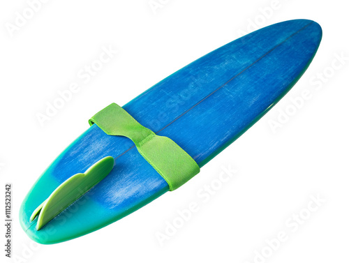 a blue surfboard with green straps photo