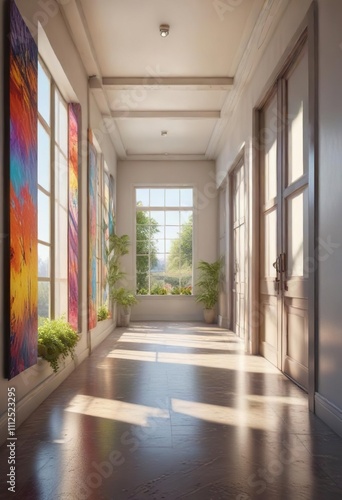 A sunny corridor lined with colorful artwork and filled with natural light from large windows at each end , artistic details , soft lighting, warm tones