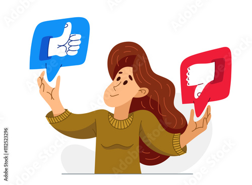 Young woman is choosing between different reactions in social media, vector illustration of a person in doubt between different responses when communicating online.