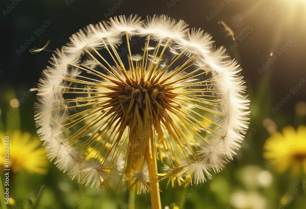 Fototapeta premium Dandelion seeds scattered in the sunlight on a bright yellow flower head, seeds, sunlit
