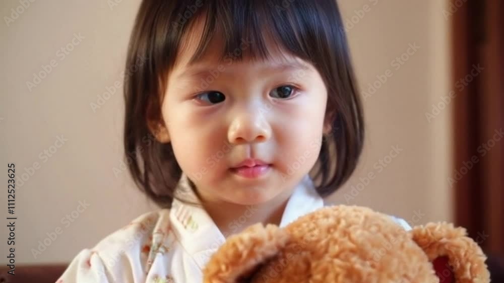A young Korean girl holding a teddy bear, tilting her head with a curious expression, her chubby cheeks glowing in warm indoor lighting A young Korean girl holding a teddy bear, tilting her head with a curious expression, her chubby cheeks glowing in warm indoor lighting
