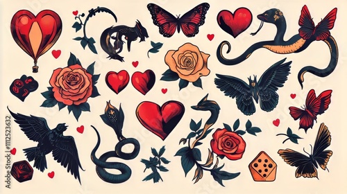 2000s-style tattoo designs.  Includes vintage images like hearts, roses, flames, bows, birds, balloon animals, butterflies, dice, and more.  Vector line art stickers.